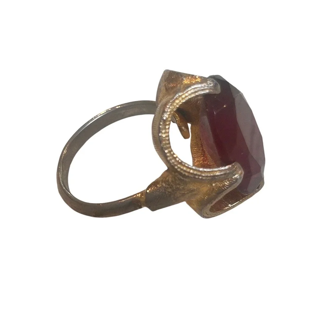 Vintage Red Glass Cocktail Ring Gold Tone Textured Adjustable Statement Ring